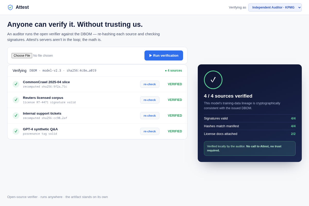 Independent verifier — verify without trusting us